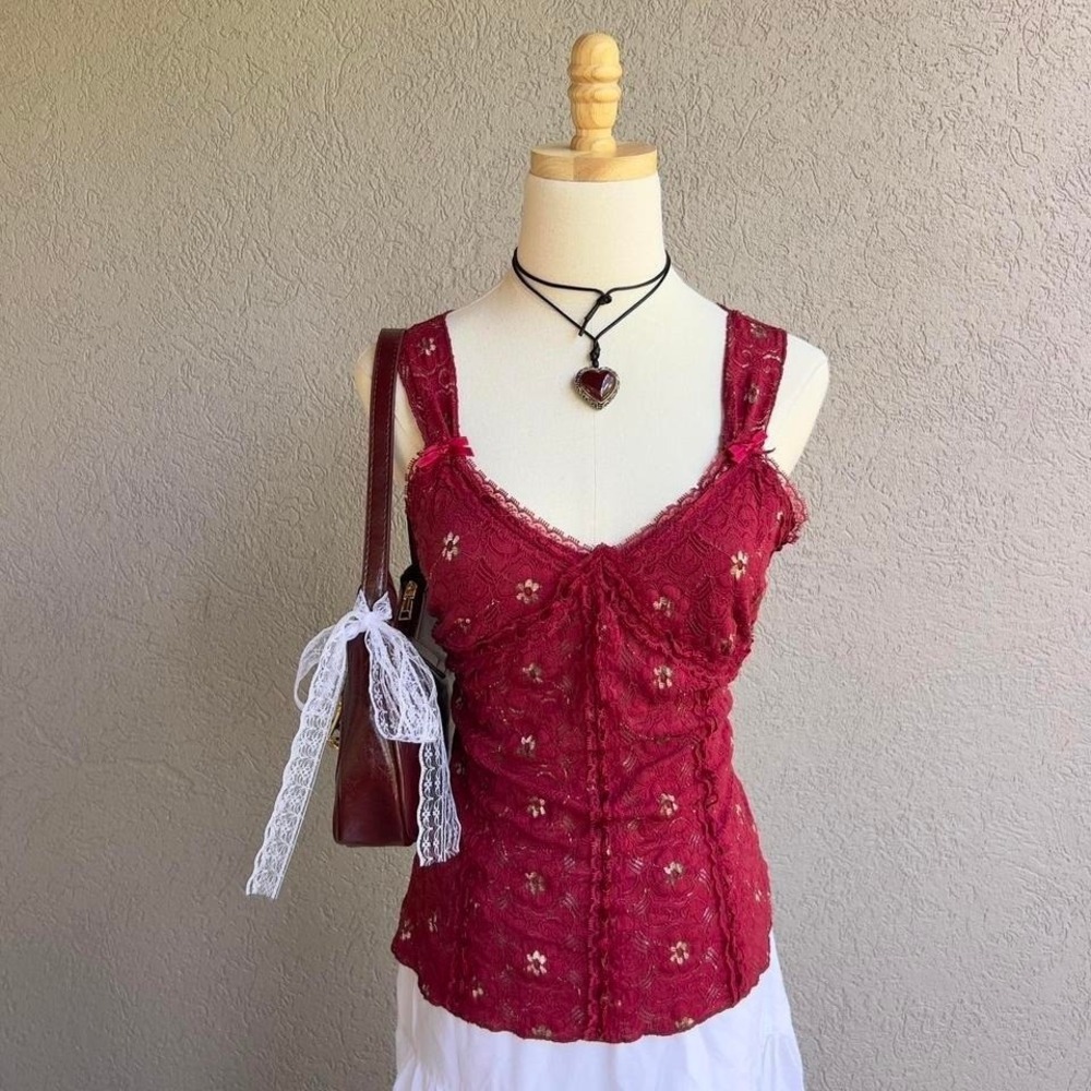 Vintage Y2K Rave Red Lace Babydoll Blouse Top Size XL Boho Fairy Festival